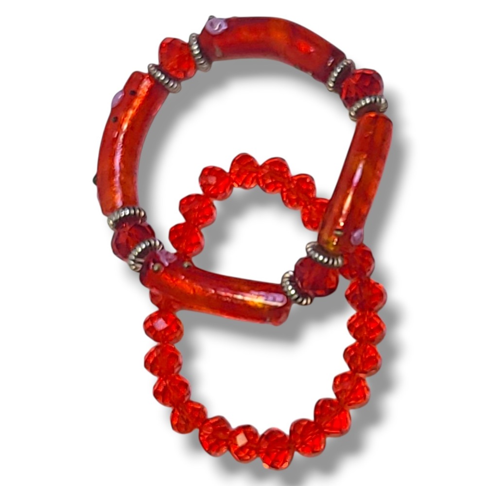 Red Lampwork Glass & Crystal‎ Beads Stretch Bracelet Stack of 2